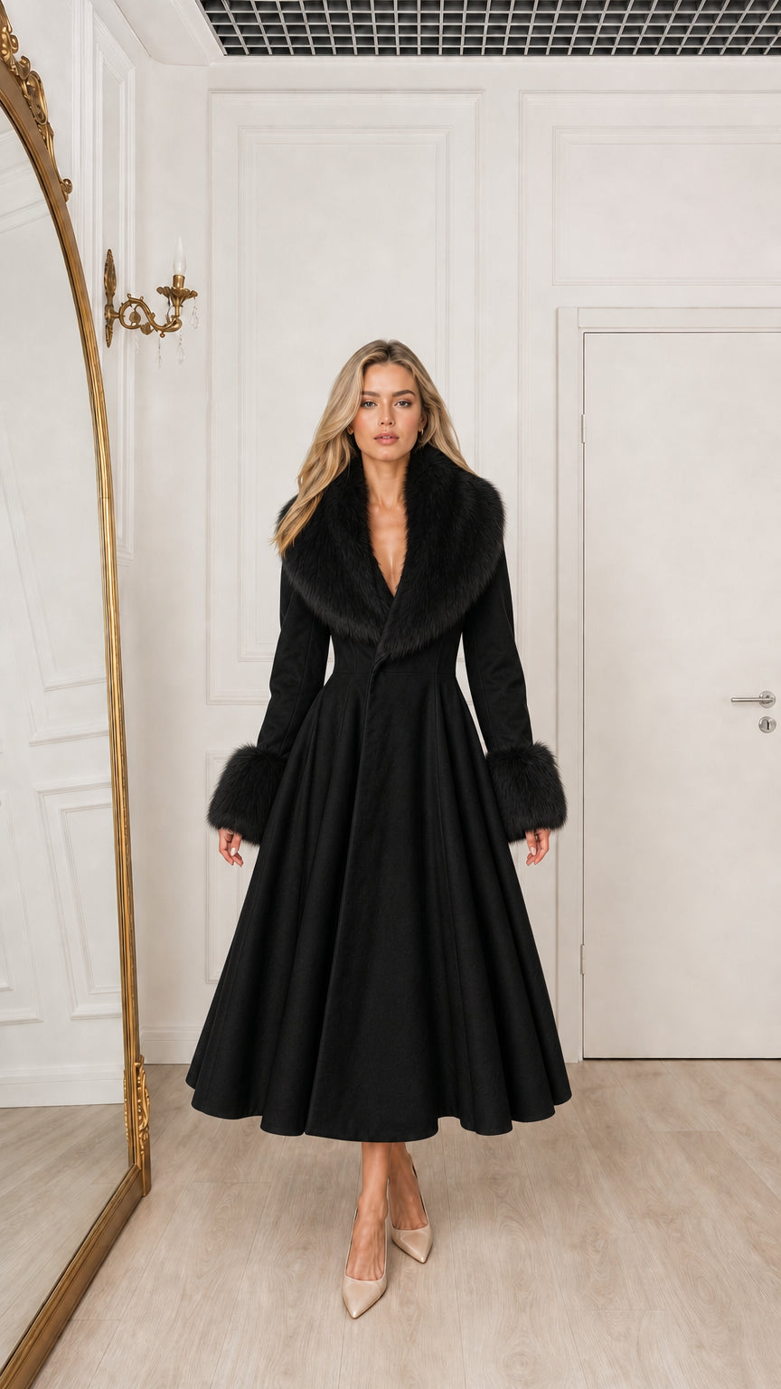 Model wearing black fit and flare midi dress coat with black faux fur trim
