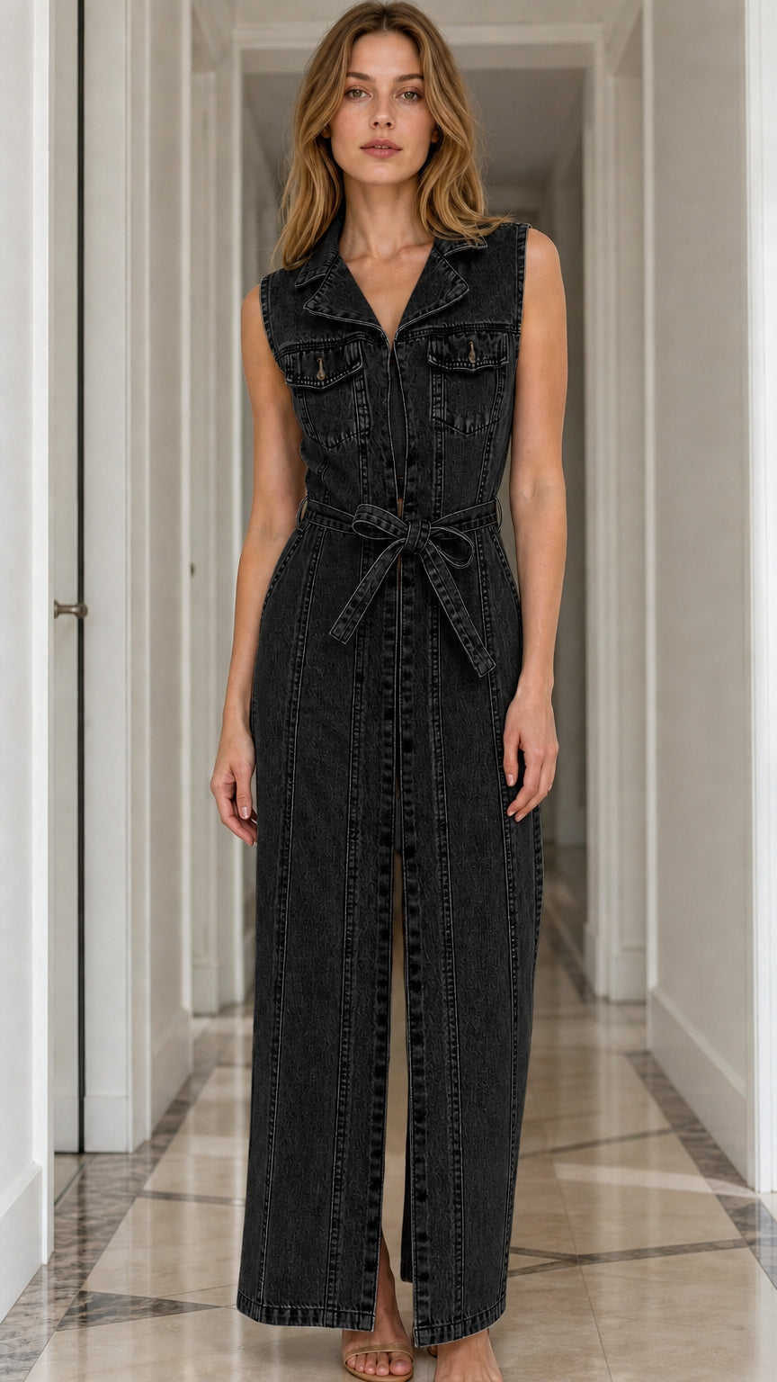 Model wearing black denim maxi dress