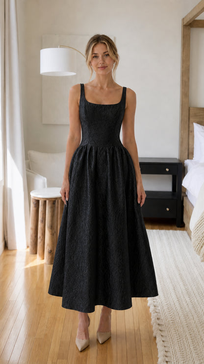 Woman wearing black square neck midi dress