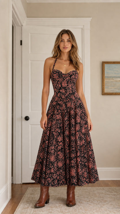 Front view of woman wearing black floral halter midi dress