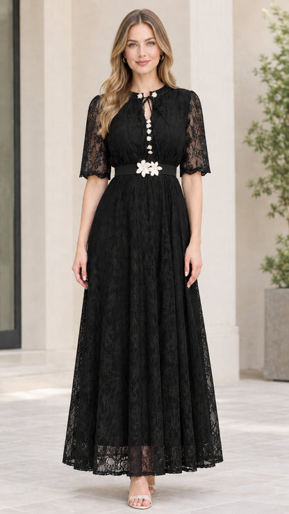 Black floral lace A-line maxi dress with decorative floral buttons