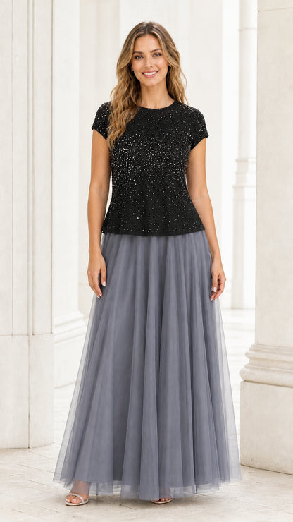 Full view of the black beaded top with grey tulle skirt combination
