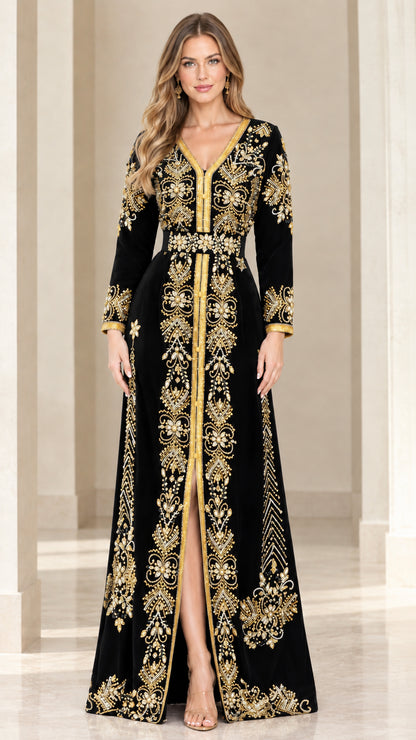 Black velvet long-sleeve kaftan maxi dress with gold embroidered motifs