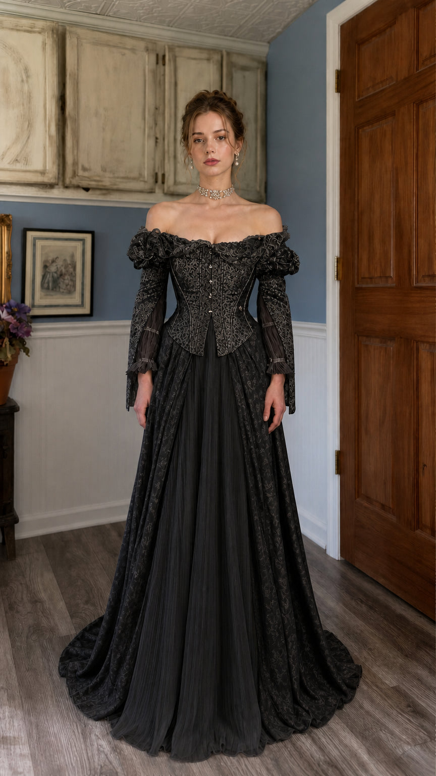 Front view of black Renaissance off-shoulder corset maxi dress