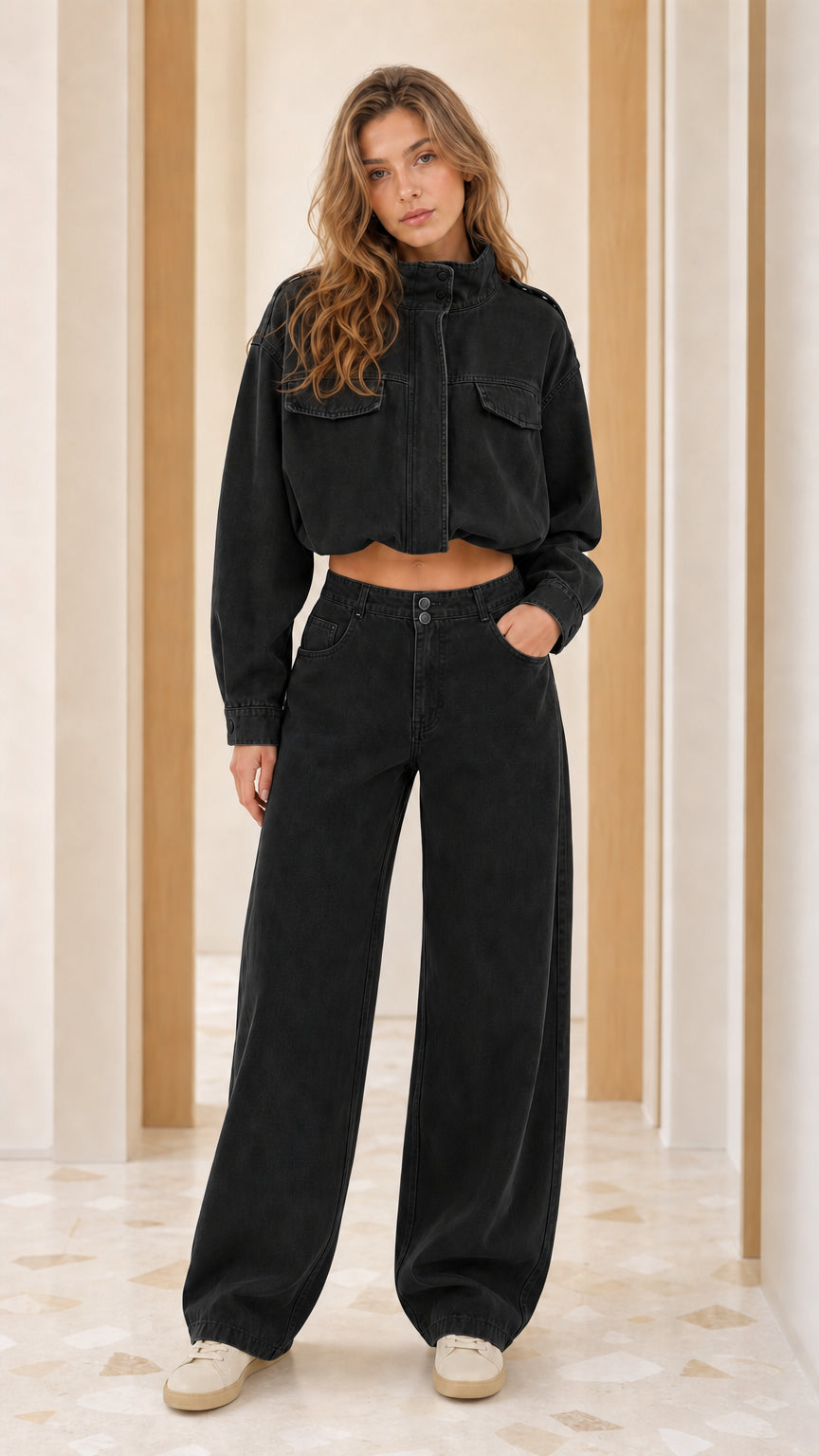 Model wearing Washed Black cropped utility jacket and matching wide-leg pants