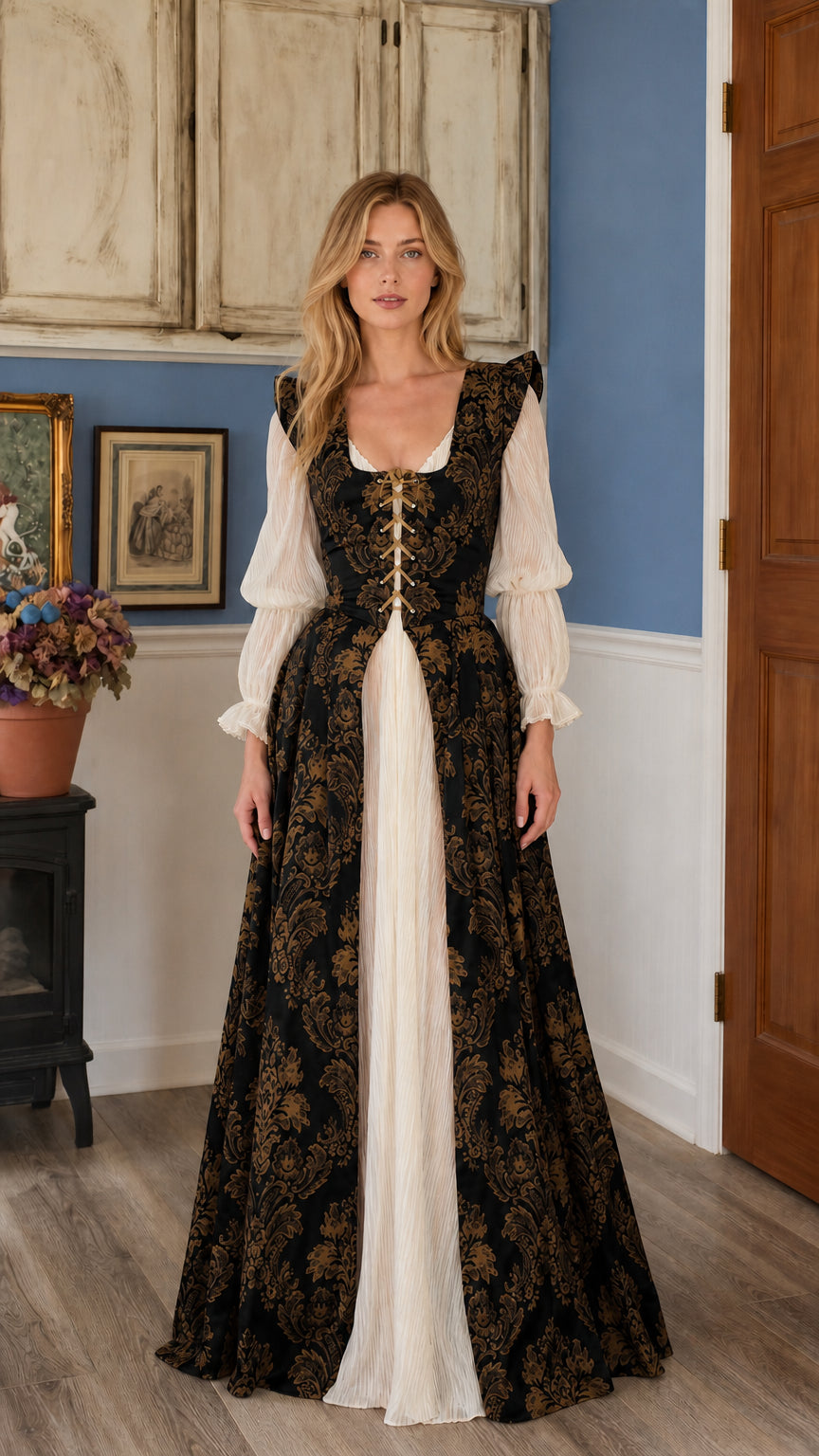 Renaissance medieval lace-up overdress gown in black gold