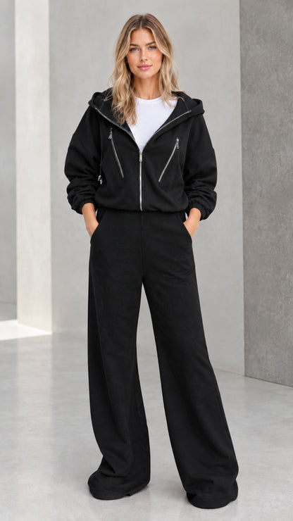 Women's black zip-up hoodie and wide leg pants tracksuit set