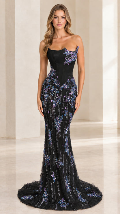 Black strapless corset mermaid evening gown with blue and silver floral sequin detailing