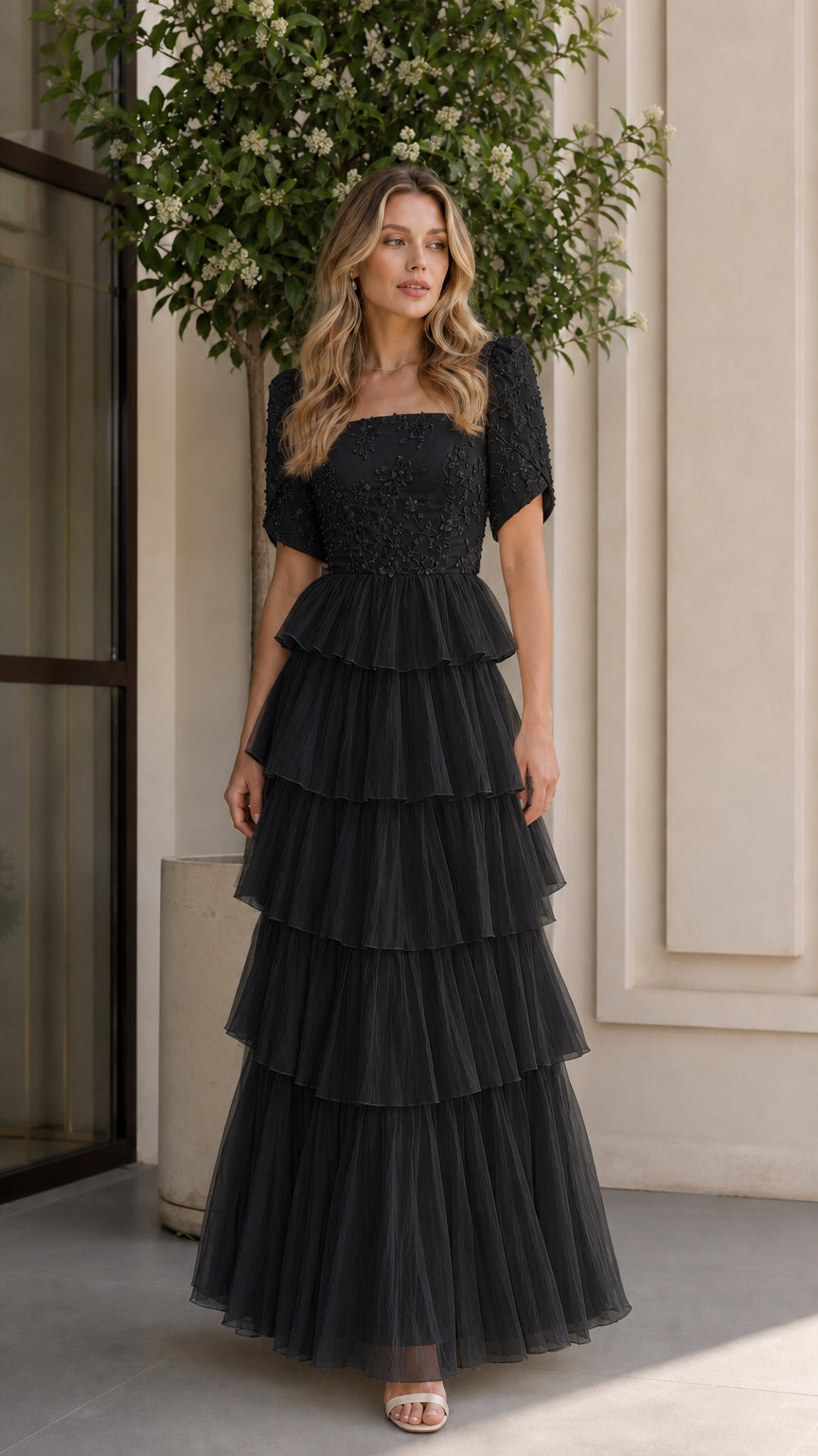 Black embroidered square neck tiered tulle formal maxi dress