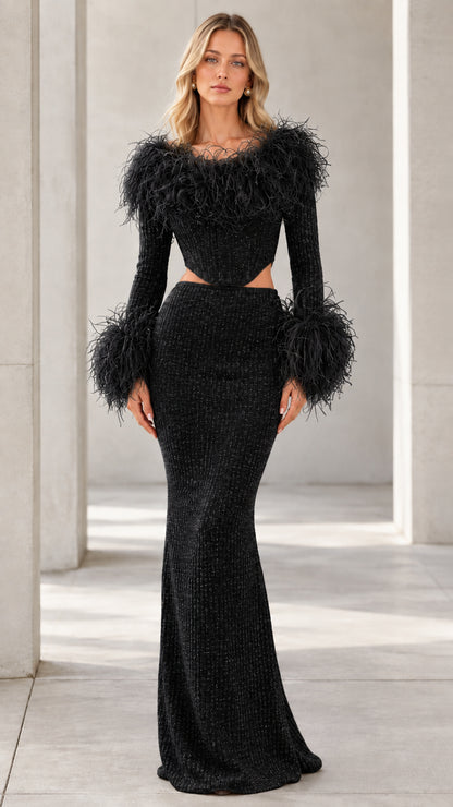 Front view of model wearing Black feather-trim corset maxi dress