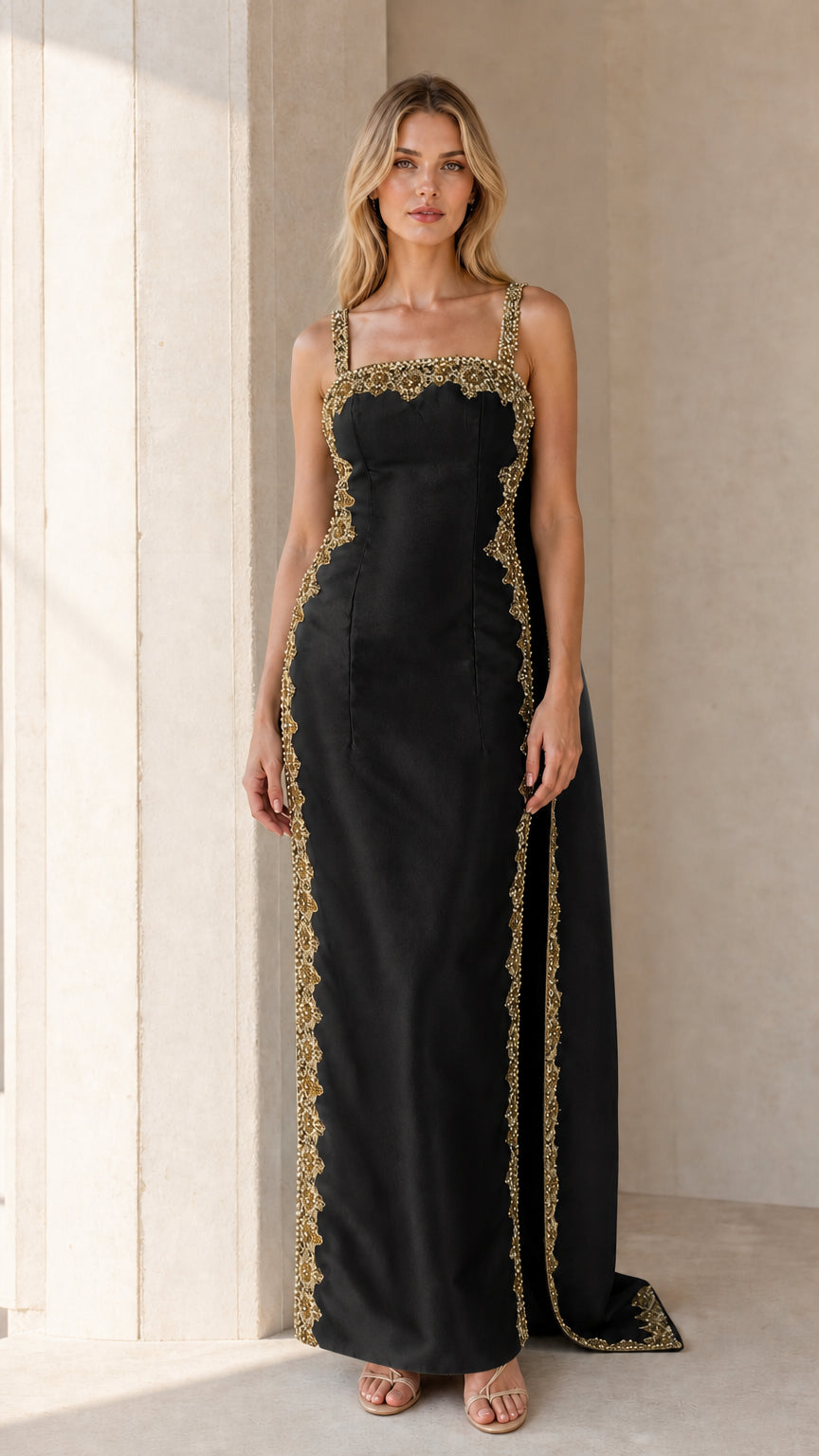 Front view of Black embellished cape maxi dress
