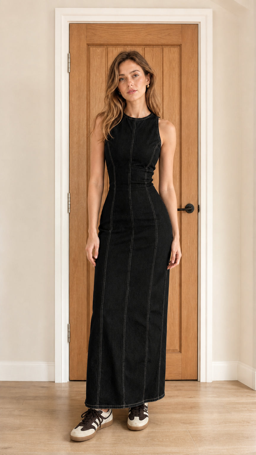 Front full view of woman wearing black denim maxi dress