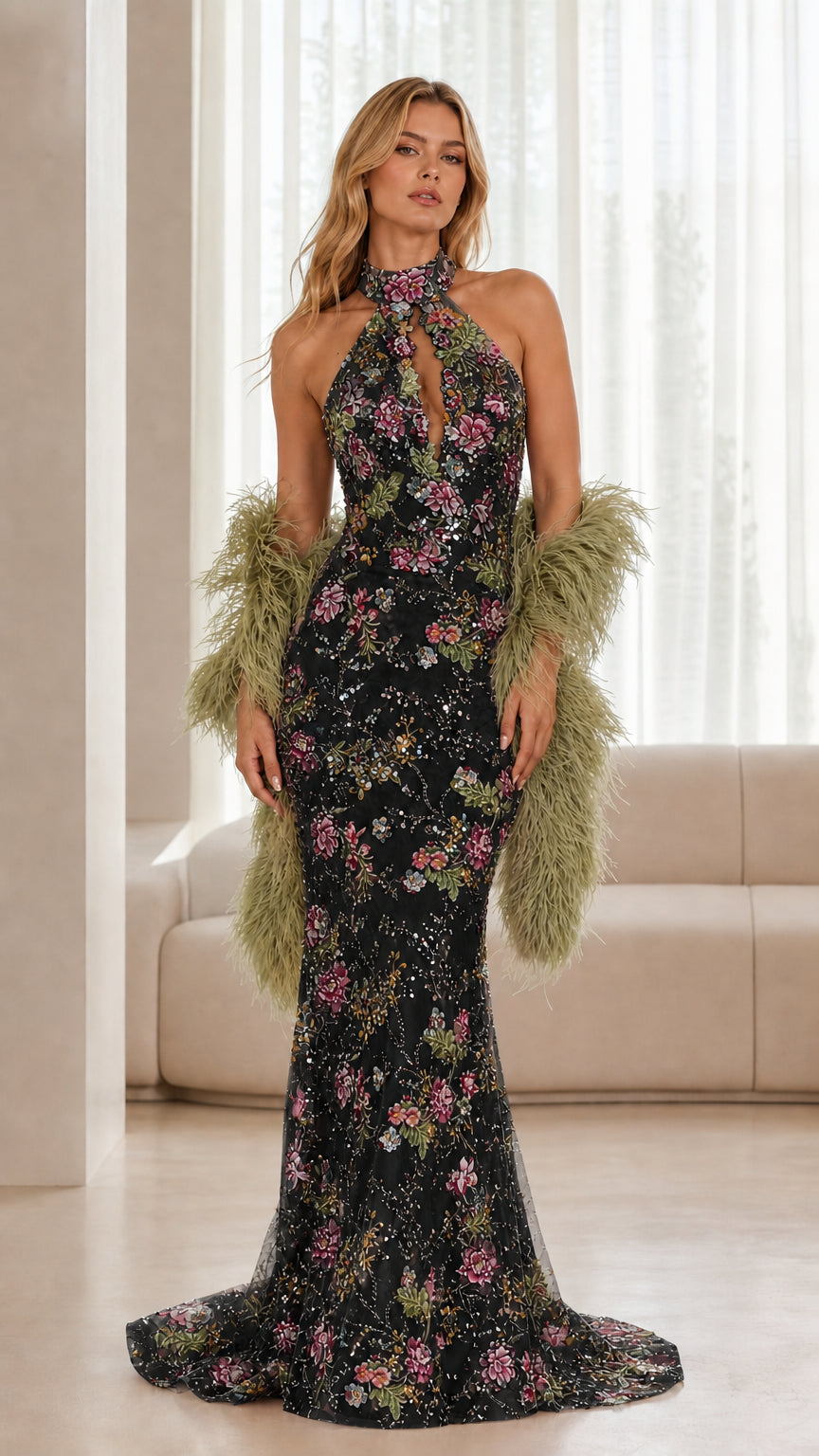 Black floral sequin halter neck mermaid evening dress