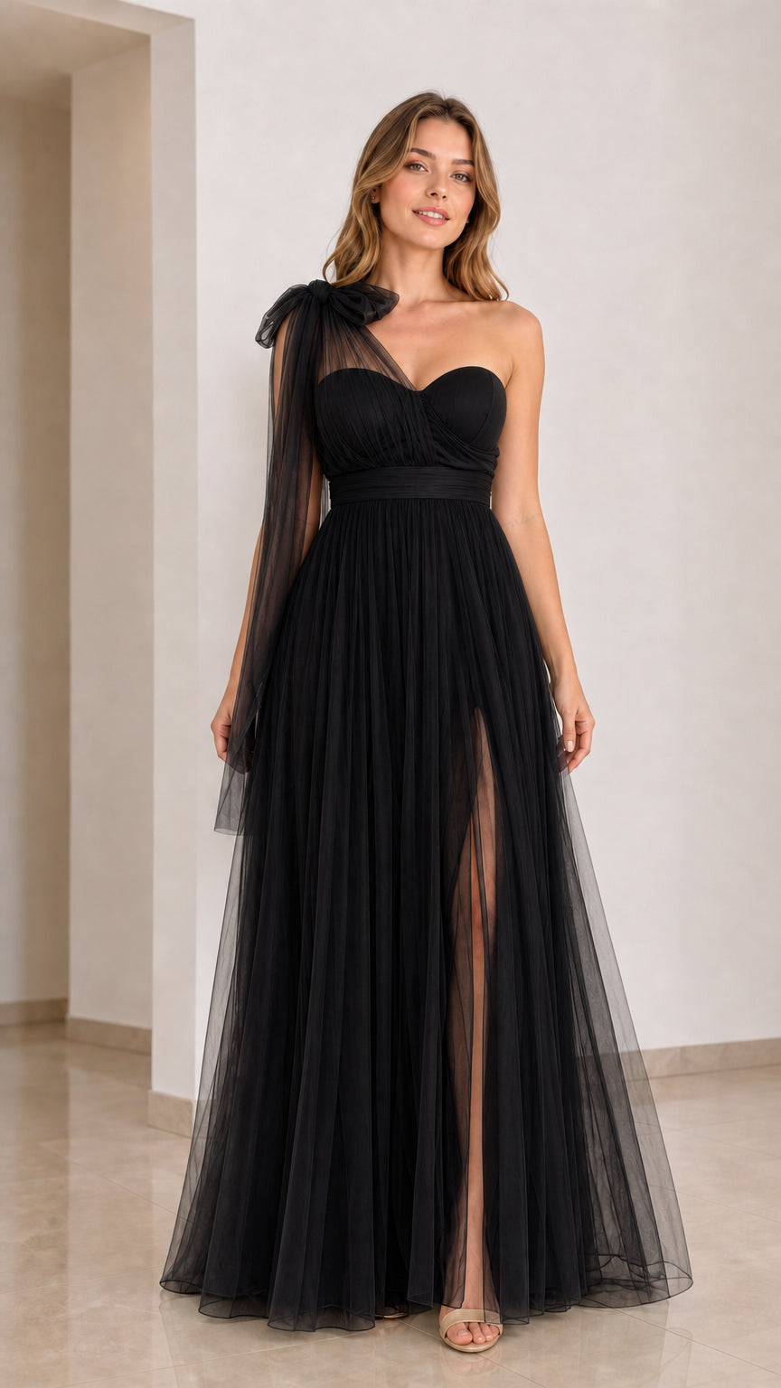 Black one-shoulder tulle maxi dress