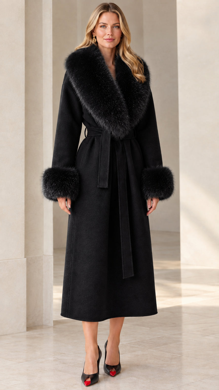 Full front view of women's black long wrap coat with matching black plush collar
