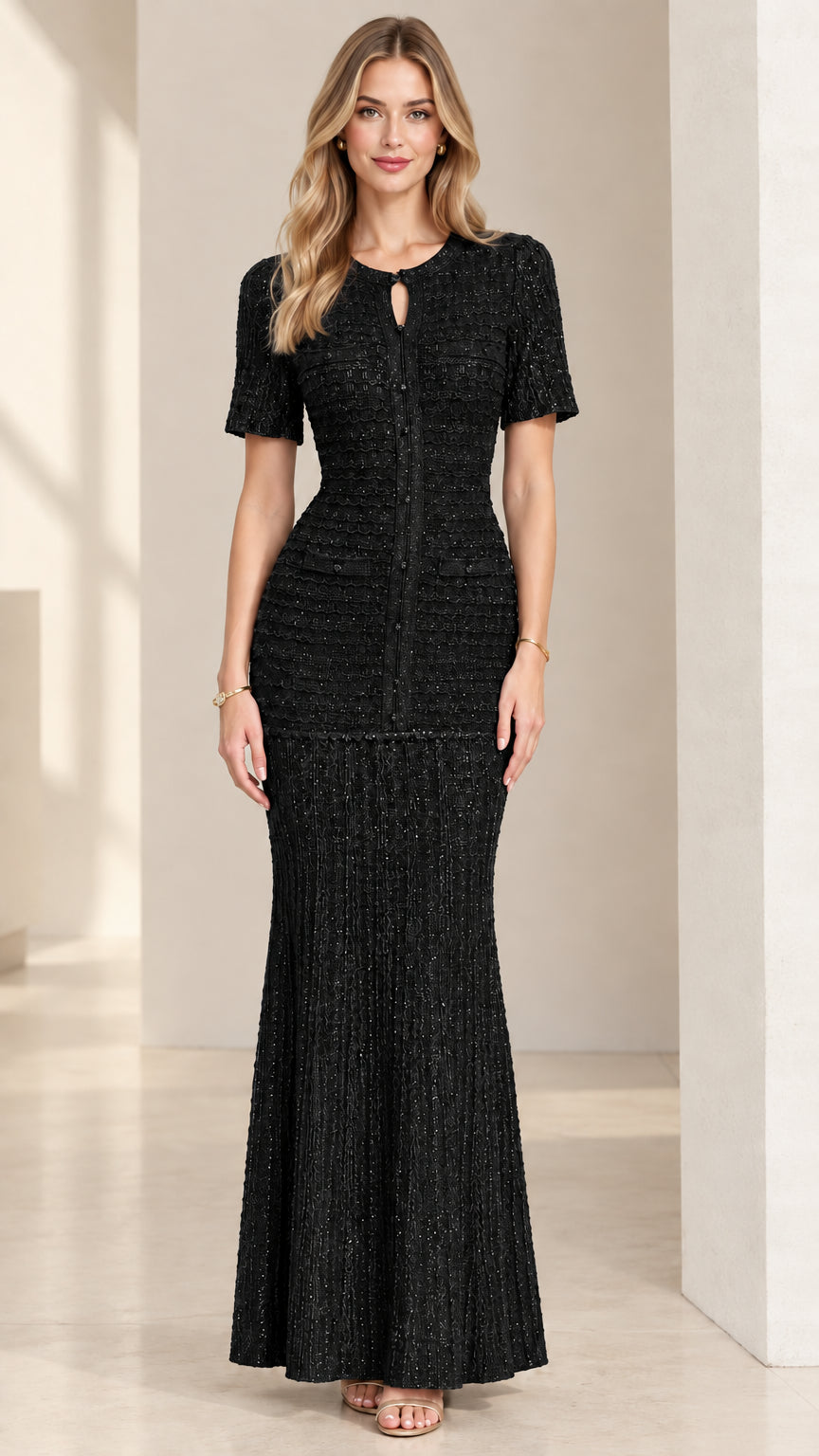 Black Textured Knit Short Sleeve Maxi Evening Gown