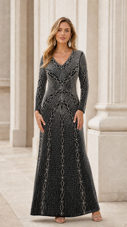 Front view of black long sleeve beaded evening gown