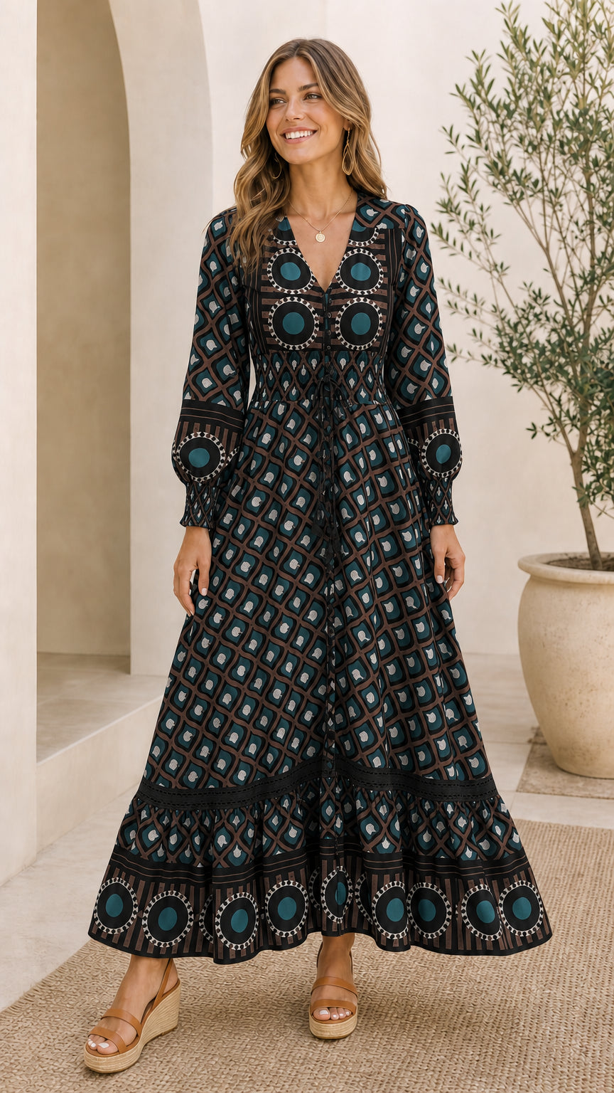 Full front view of model wearing Black geometric print smocked tiered maxi dress