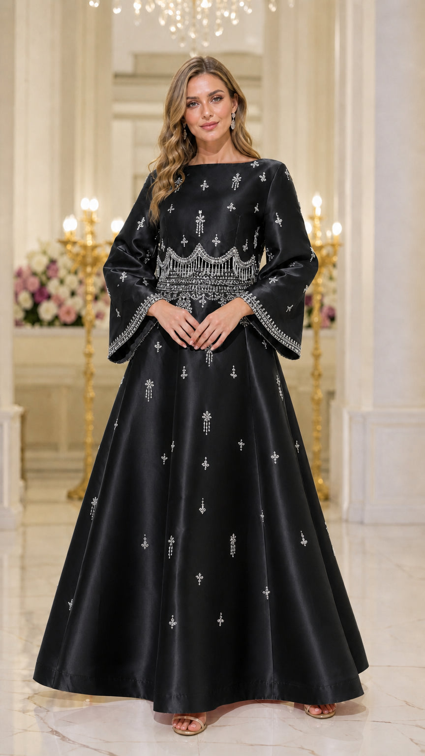 Front view of model wearing black beaded maxi dress