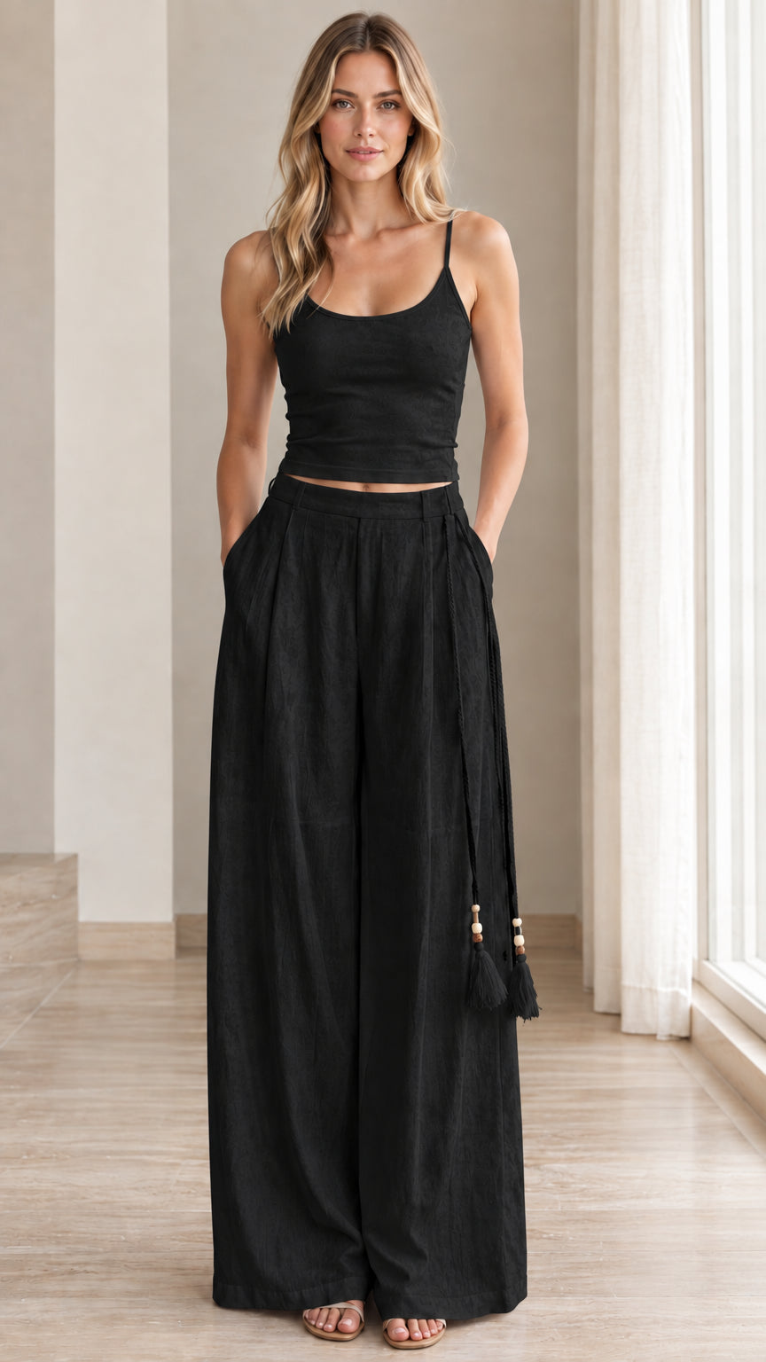 Front view of model wearing black two-piece crop camisole and palazzo pants set