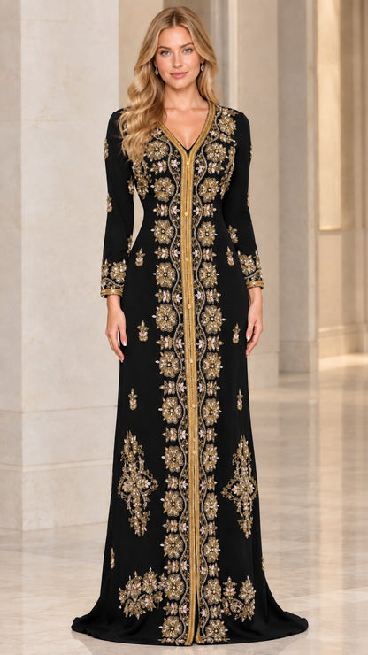 Black Moroccan kaftan evening maxi dress with gold embroidery