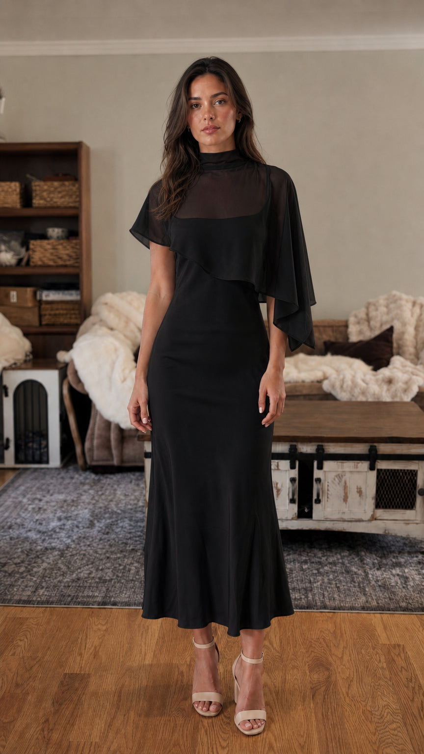 Front view of black mock neck cape sleeve midi dress