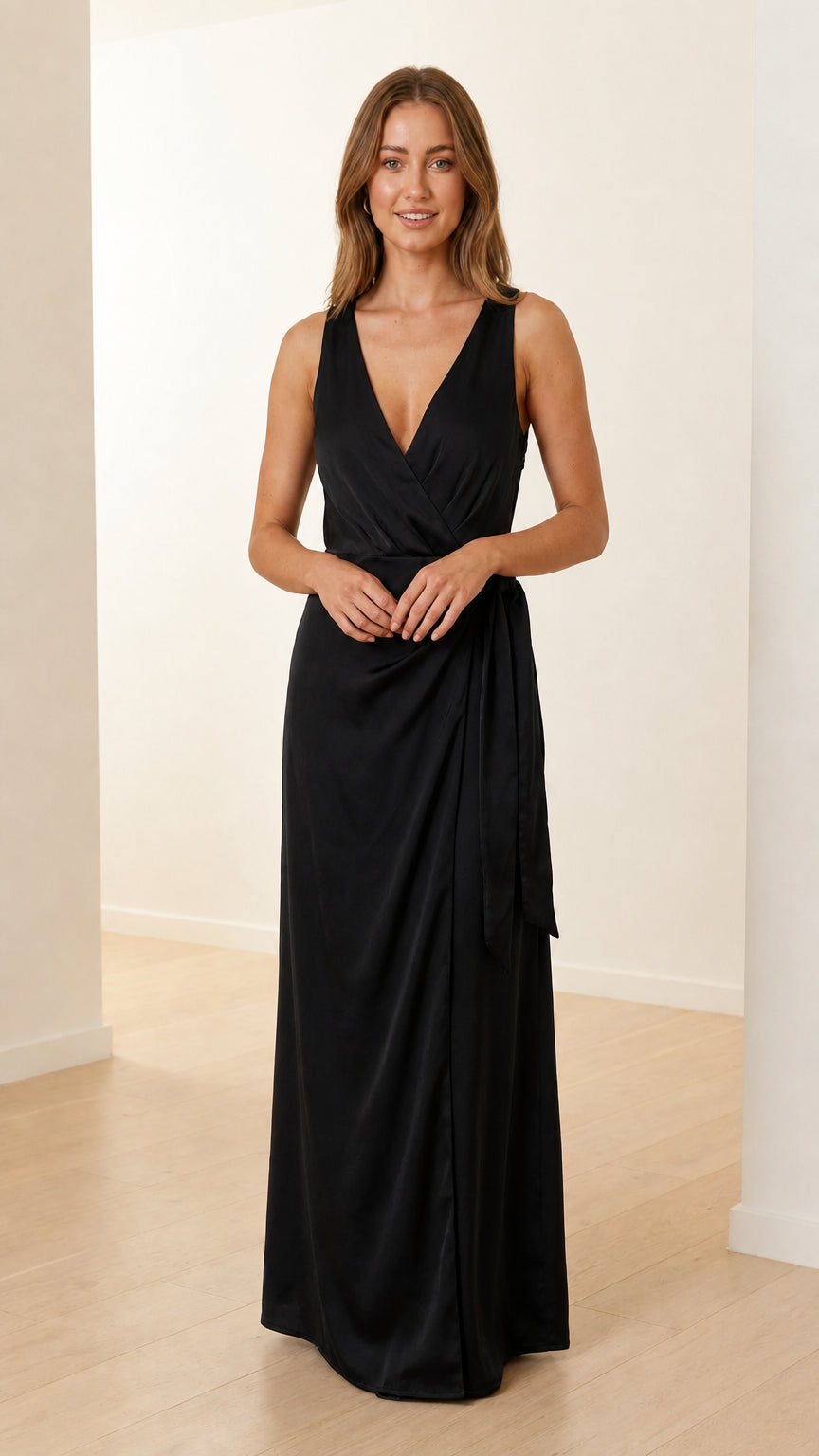 Front view of model in classic black maxi dress