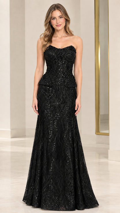 Black strapless sequin floral peplum formal gown front view
