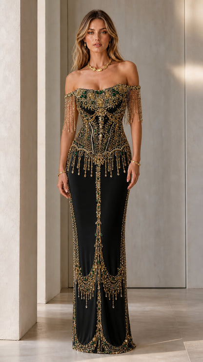 Model wearing Black off-the-shoulder beaded formal evening gown