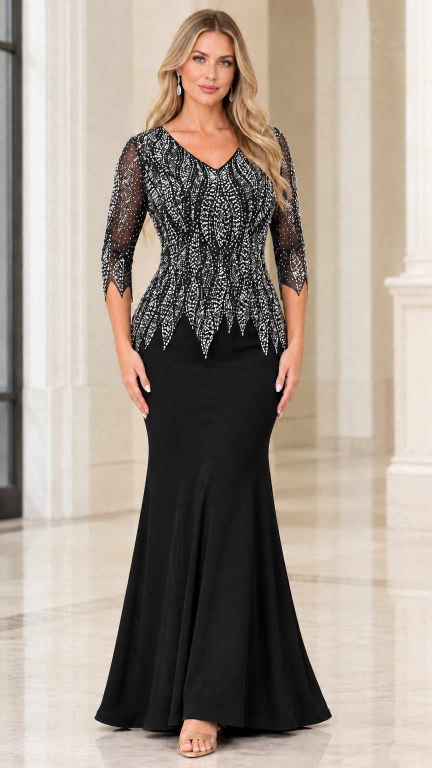 Woman wearing black rhinestone embellished V-neck mermaid evening dress