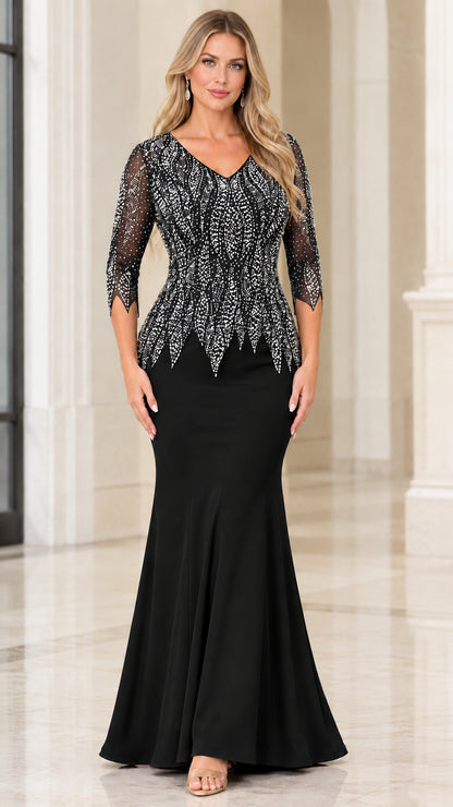 Woman wearing black rhinestone embellished V-neck mermaid evening dress
