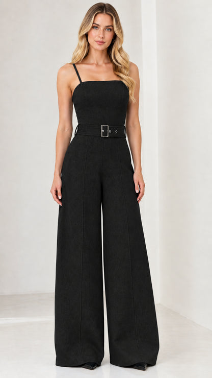 Front view of model wearing the belted wide-leg jumpsuit in black