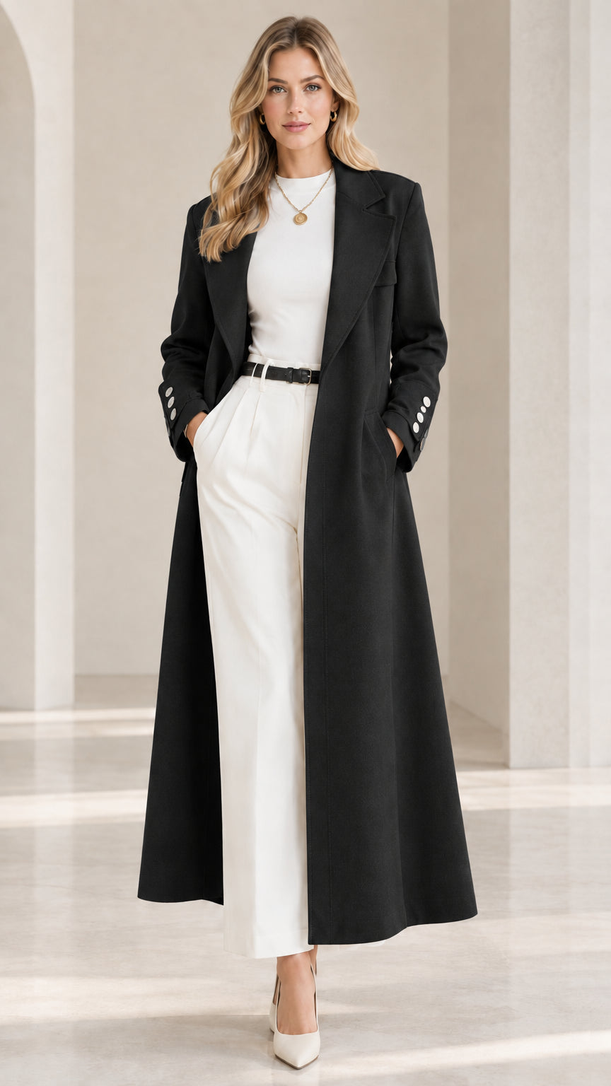 Full-length front view of model wearing the tailored maxi trench coat in black