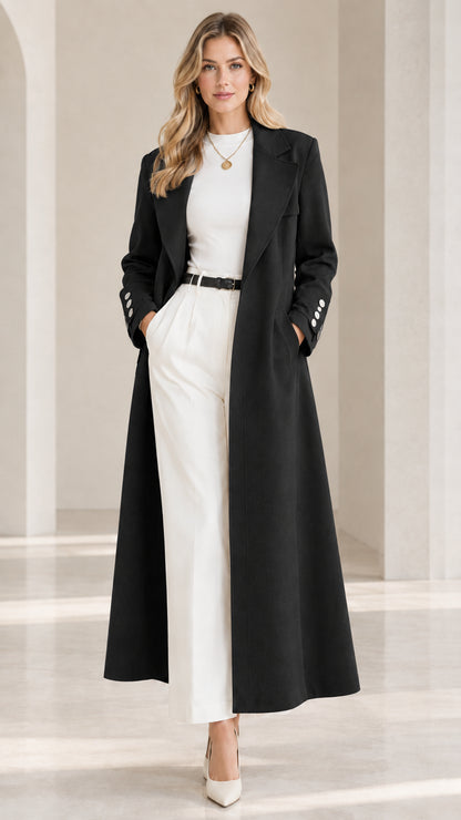 Full-length front view of model wearing the tailored maxi trench coat in black
