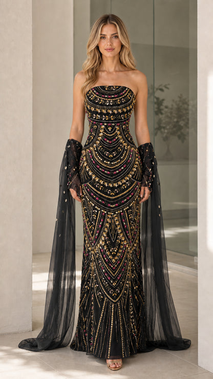 Black color variant of beaded strapless evening gown