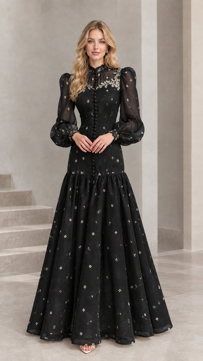 Full-length front view of Black lace high neck vintage maxi dress