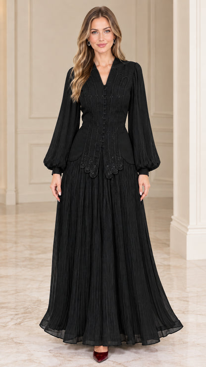 Black pleated long sleeve V-neck maxi evening gown