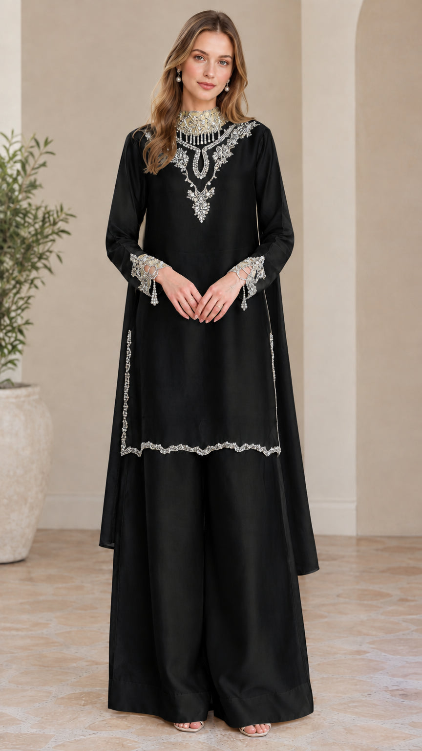 Front view of black long embellished tunic and wide leg trouser set