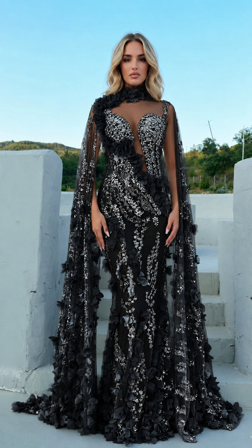 Black 3D floral beaded high-neck cape formal evening gown