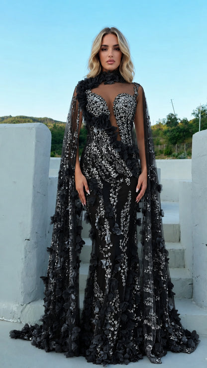 Black 3D floral beaded high-neck cape formal evening gown
