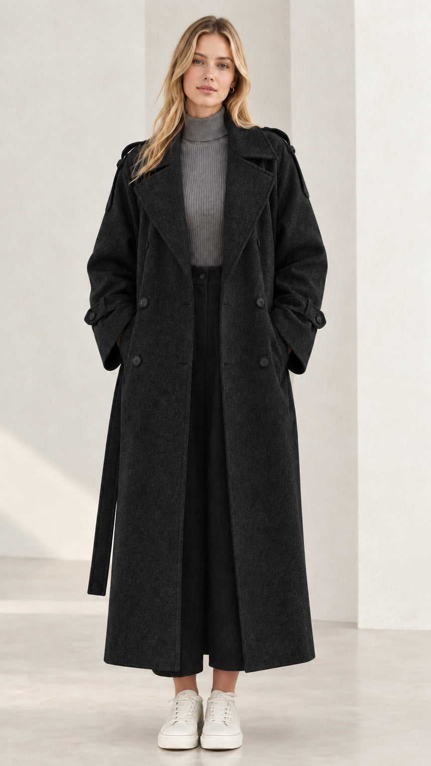 Front view of longline black textured trench coat