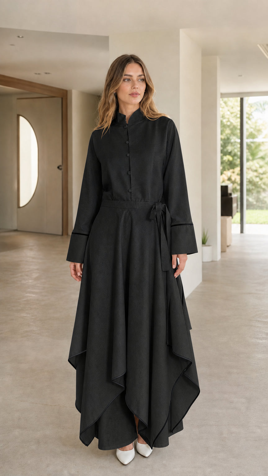 Front view of woman wearing black maxi dress with contrast trim