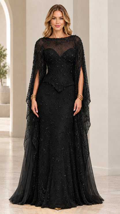 Black embellished illusion neckline evening gown with cape sleeves