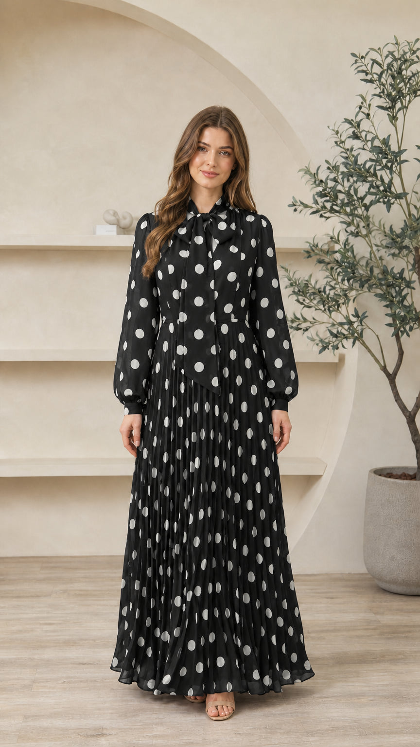 Model wearing black polka dot long sleeve tie-neck pleated maxi dress