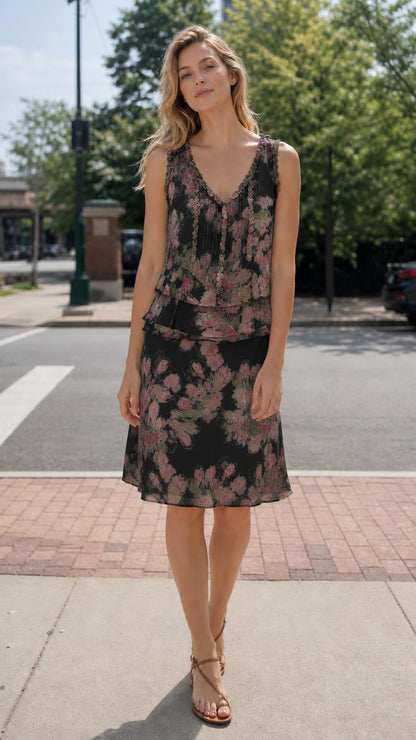 Front view of woman wearing Black floral tiered dress