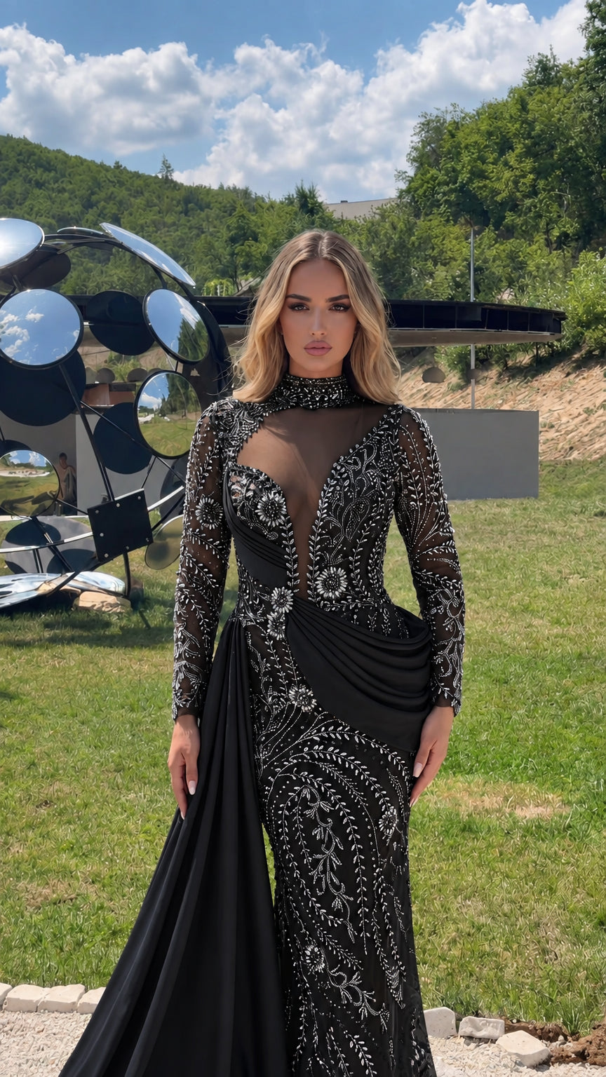Model wearing black long sleeve beaded evening gown with draped sash