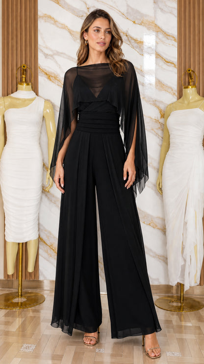 Model wearing black chiffon overlay wide-leg jumpsuit
