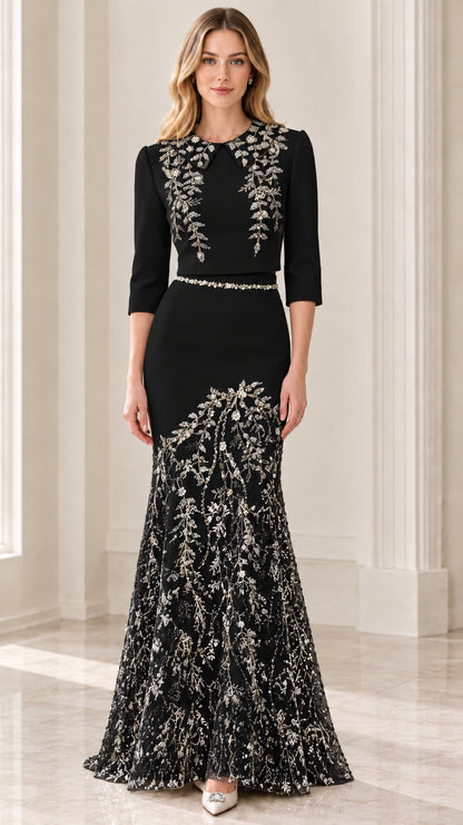 Front view of model wearing Black 3/4 sleeve collared mermaid evening dress