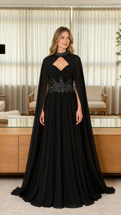 Front view of black evening dress with cape