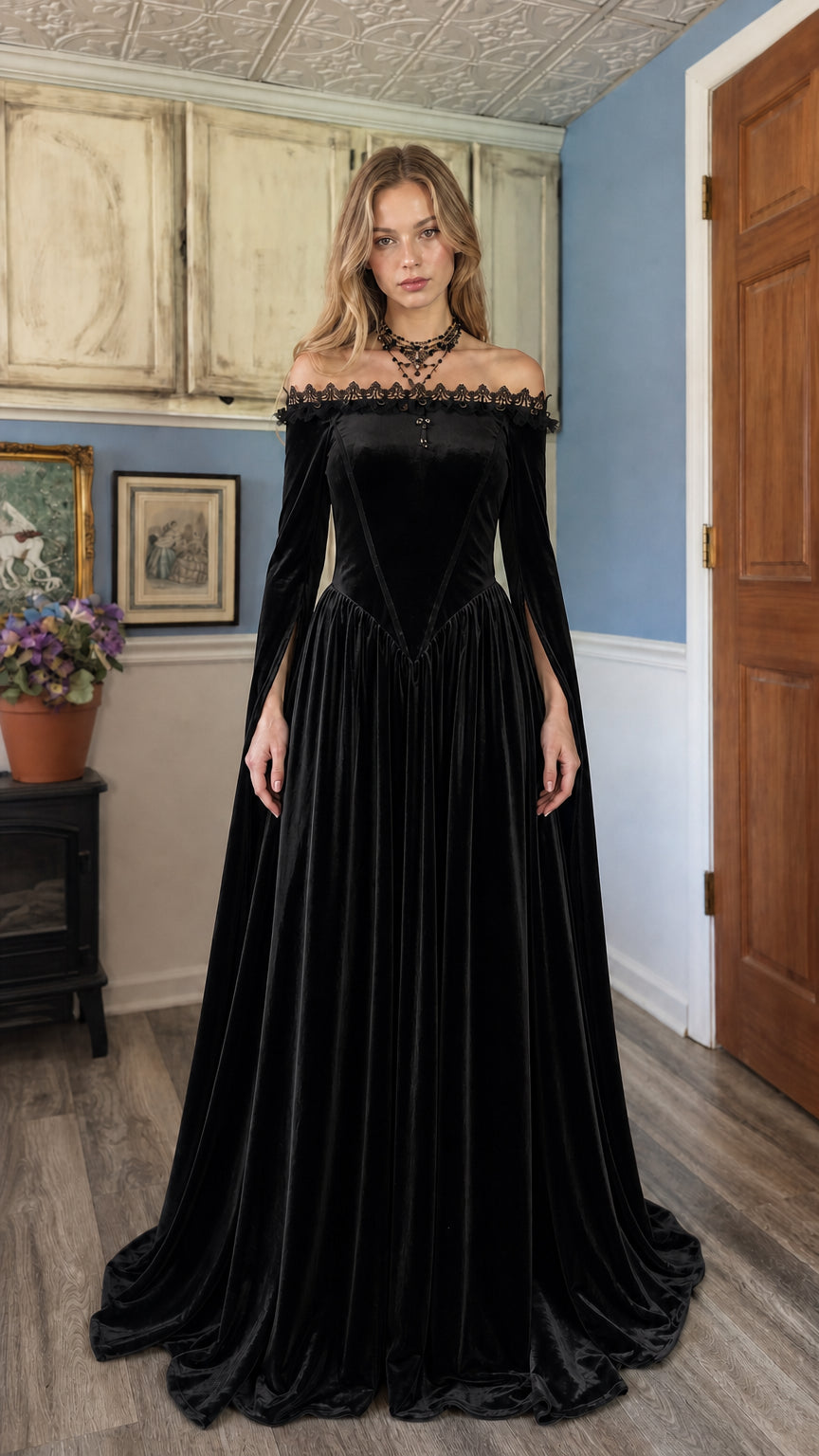 Model wearing Black velvet off-shoulder maxi dress